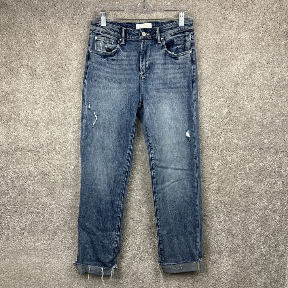 Petra153‎ Distressed Straight Blue Denim Jeans Women Cuffed Hem Pockets 3/25